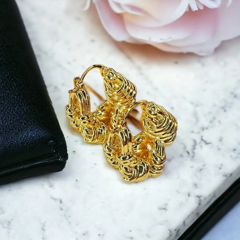 NEW 18K Yellow Gold-Plated Brass Knotted Designer Style Hoops Celeb Favorite
